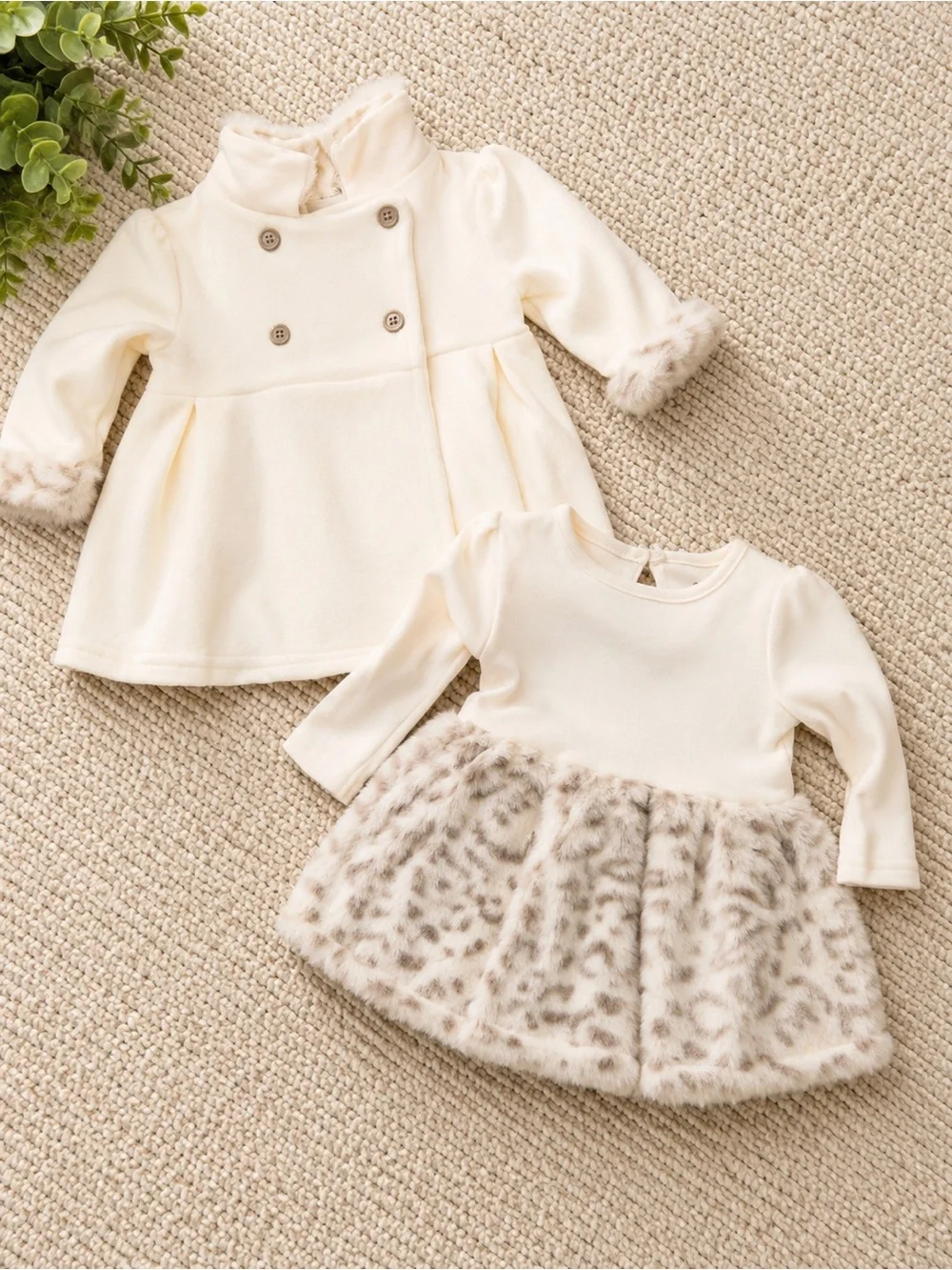 Cream Faux-Fur Trim Coat & Dress Set